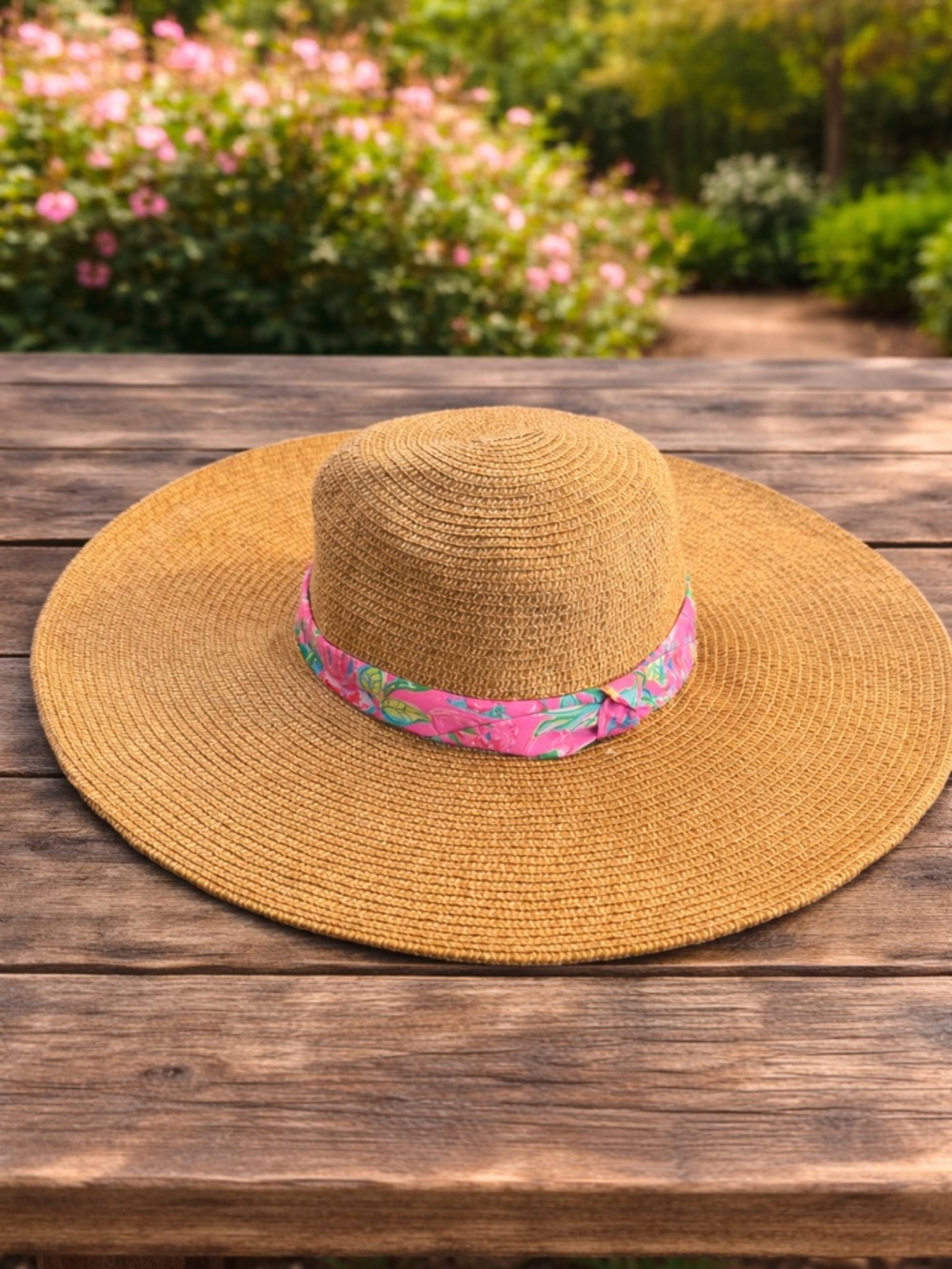 Lily Pulitzer Straw Wide-Brim Sun Hat with Pink Floral Band